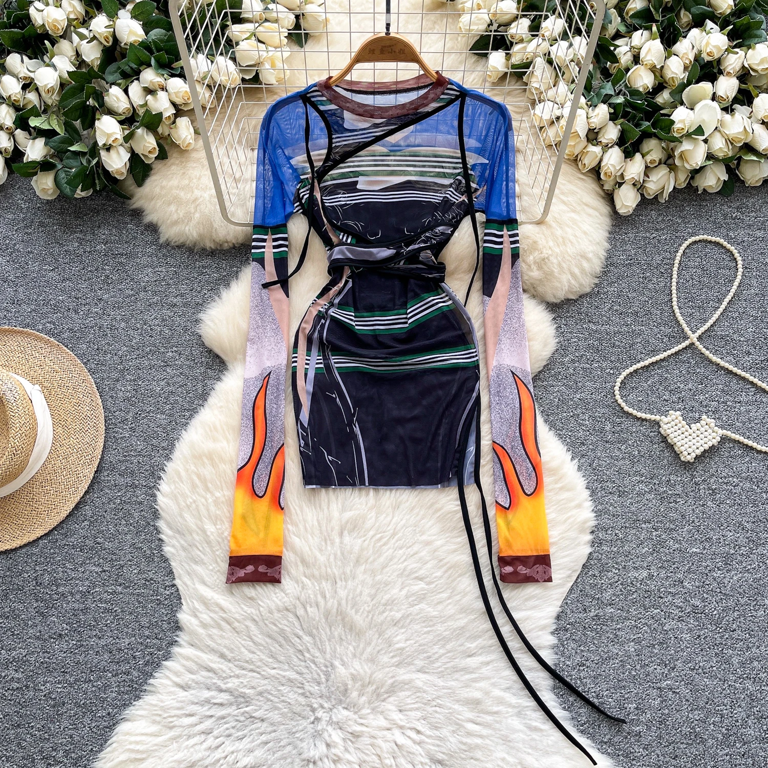 SINGREINY Multicolor Print Mesh Dress Sheer Long Sleeve Lace Up Slim Night Party Short Dresses Women Clubwear Bodycon Mini Dress
