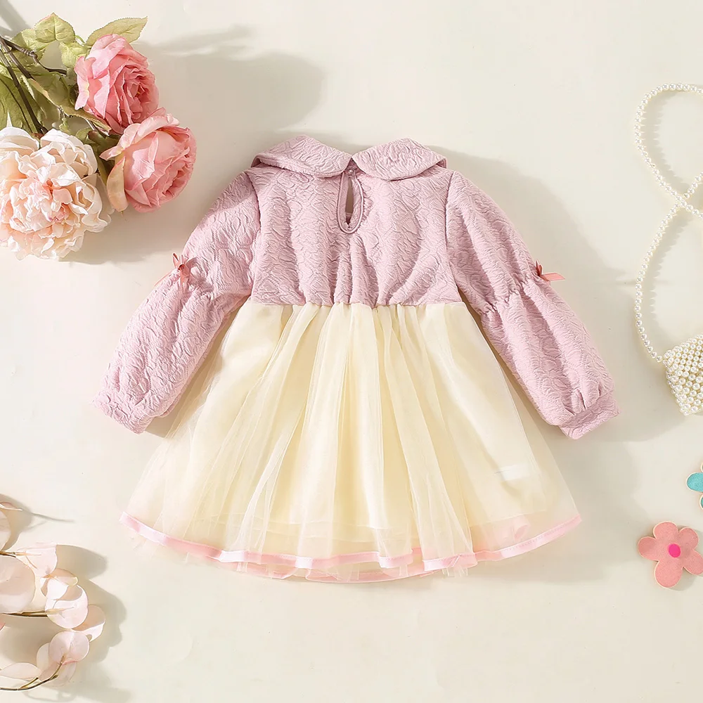 Spring and Autumn Baby Girl Dress Solid Color Dark Pattern Long Sleeve Top Splicing Butterfly Knot Mesh Dress for Girls