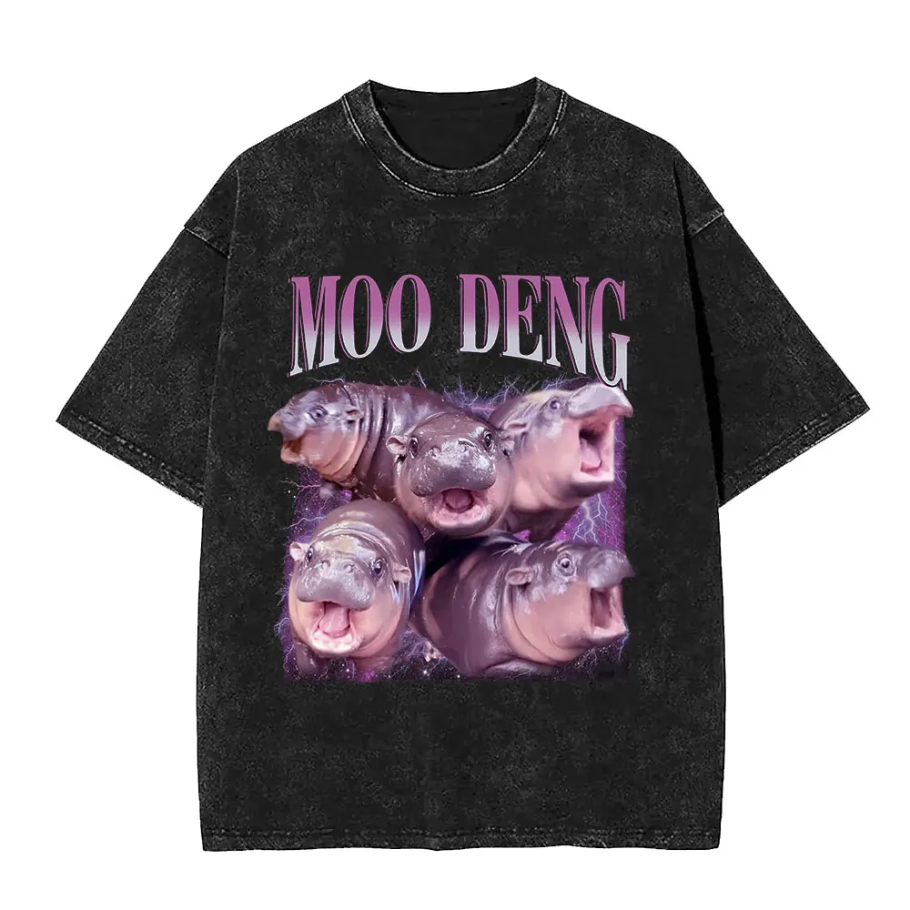 I Love Moo Deng Hold on I'm Overstimulate Funny Meme T-shirts Cute Baby Hippo T Shirt Men Women Harajuku Vintage Washed T-shirt