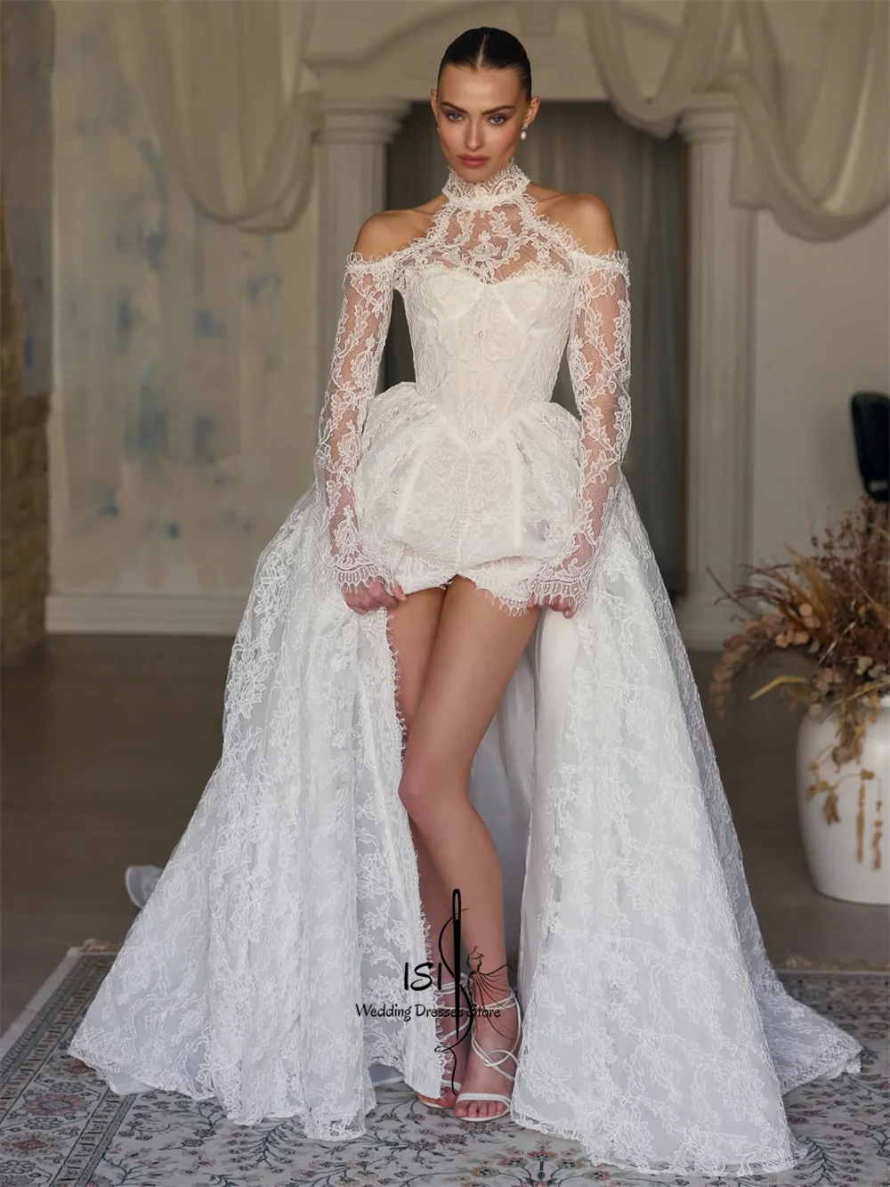 ISI Gorgeous A-line Wedding Dresses For Woman High Neck Full Sleeves Bridal Gown Sexy Side High Slit Customized 2026