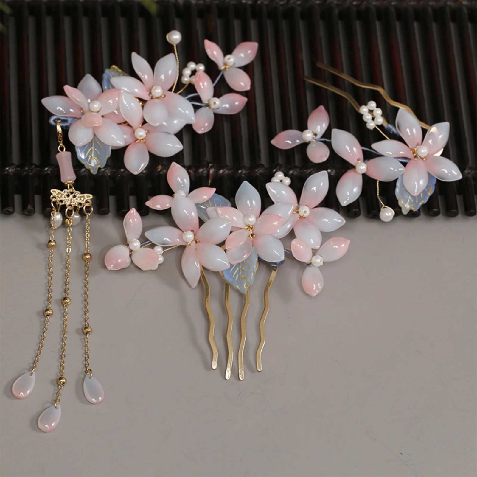 أحمر الخدود الوردي زهرة غطاء الرأس جديد النمط الصيني الأزهار دبابيس الشعر U على شكل الشعر العصي الشوك اللؤلؤ ديكور Hanfu فستان الشعر مجوهرات #3