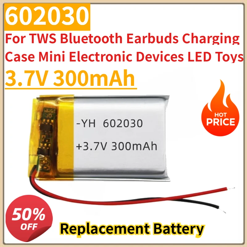 

New 602030 3.7V 300mAh Replacement Battery with Wires for TWS Bluetooth Earbuds Charging Case Mini Electronic Devices LED Toys