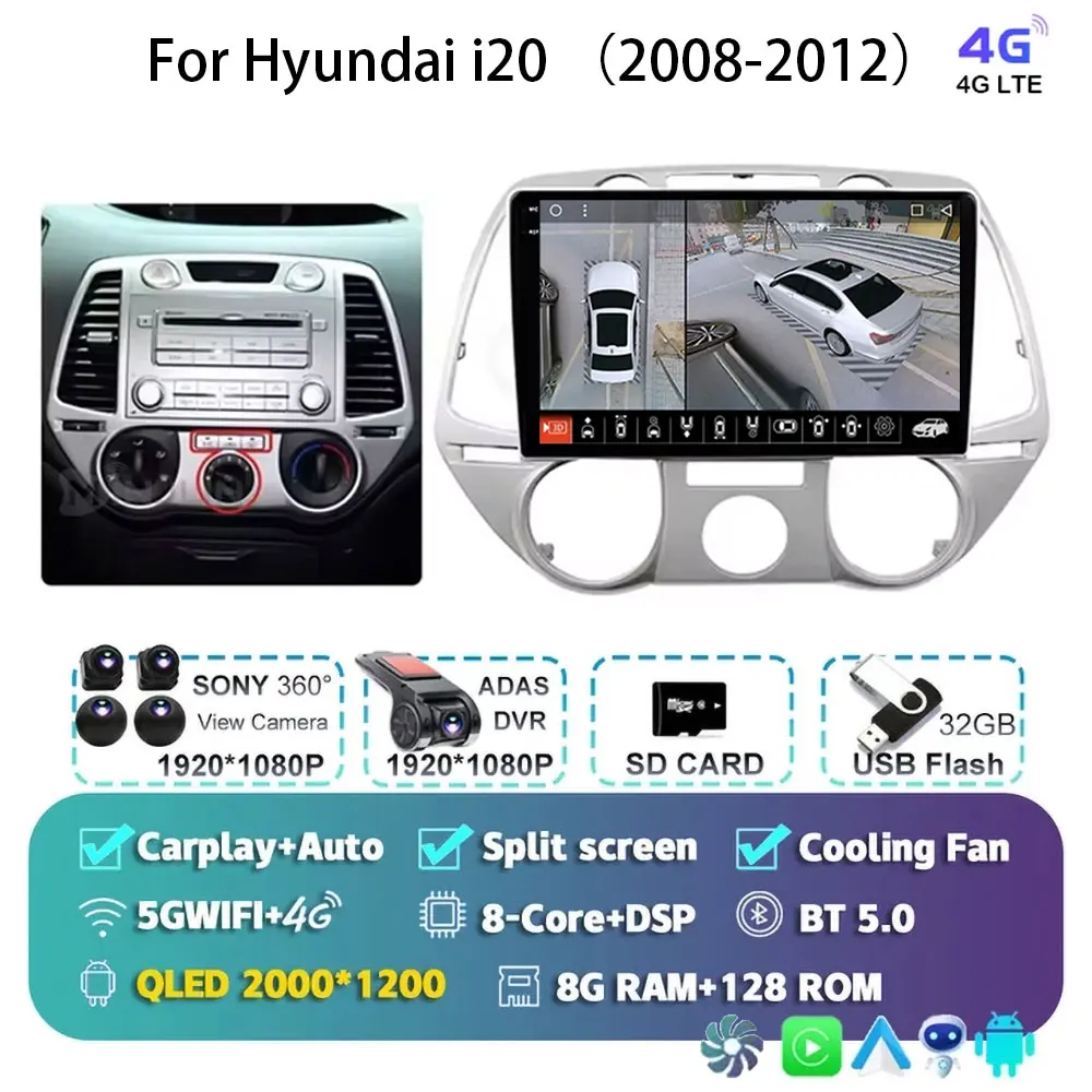 Android 15 Carplay Voor Hyundai i20 2008 2009 2010 2011 2012 Autoradio Stereo Multimedia Video Player WIFI Touchscreen