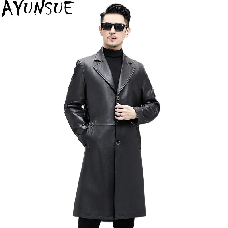 

AYUNSUE Natural Cowhide Genuine Leather Jackets Man Single Breasted Real Cow Men Leather Jacket Long Trench Coat Windbreaker