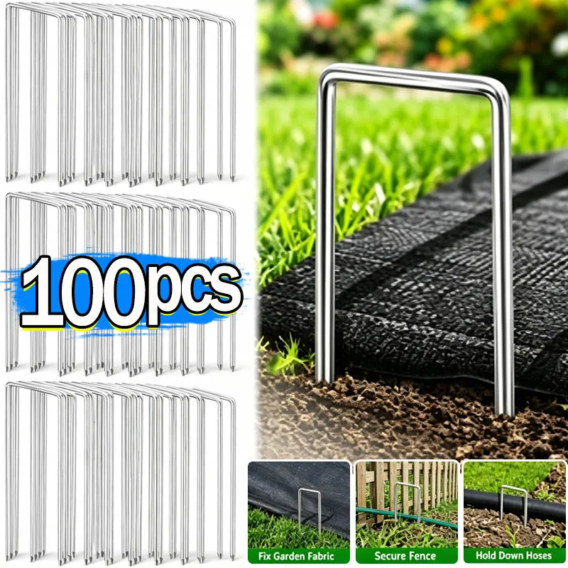 U-type Garden Staples Heavy-duty Fence Stake Sod Pins Galvanized Landscape Stakes Spike for Holding Weed Barrier Ground Cover