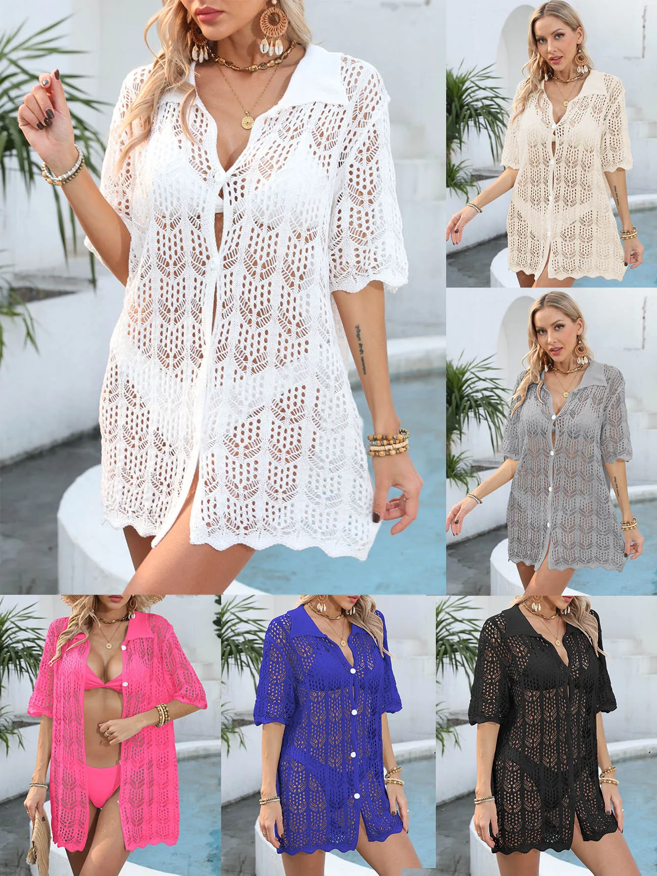 

S-XL Cardigan Beach Wear for Women Knitted Button White Outwear Sexy Hole Bathing Suit Cover Up Lady Holiday Crochet Pareo Tunic