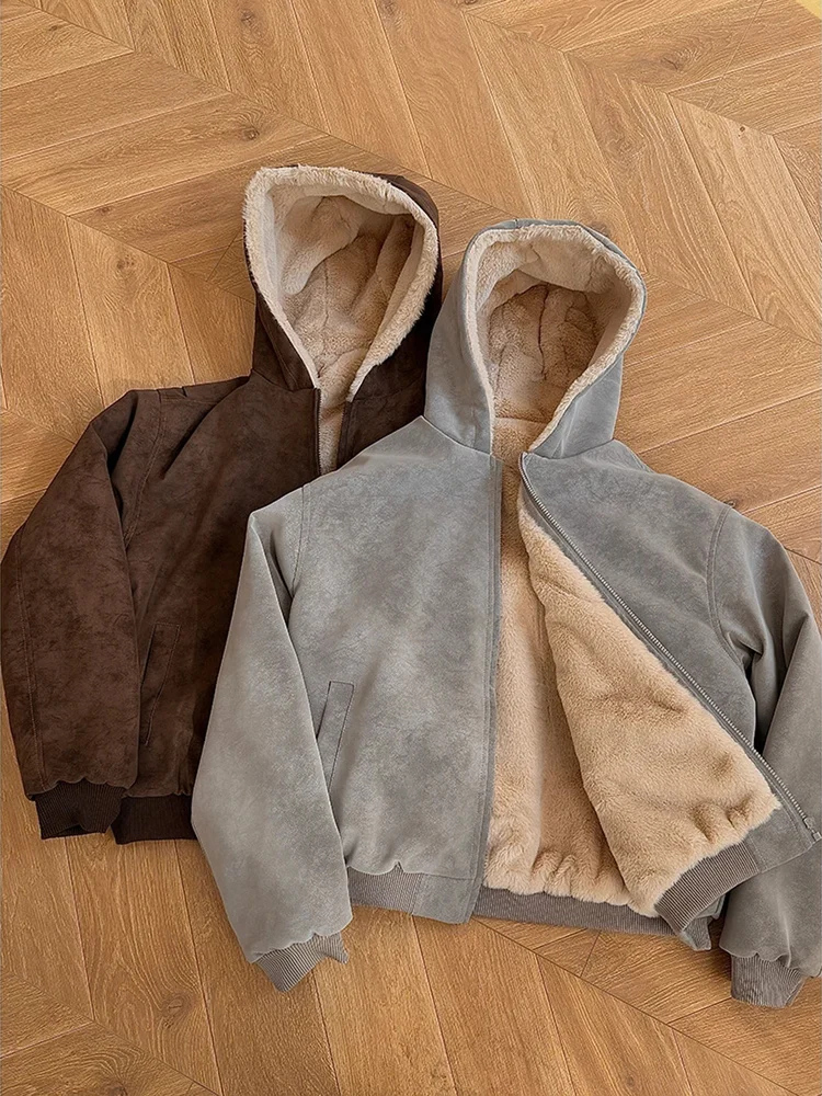 

Men's Thiened Warm Loose Cotton Jaet PU Leather Lamb Fur Hoodie Casual Sle Long Sve Cleanfit Regular Length Winter Coat