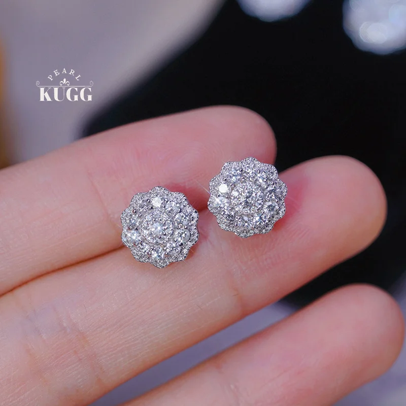 KUGG 18K White Gold Earrings Luxury Flower Shape 0.70carat Real Natural Diamond Stud Earrings for Women High Wedding Jewelry