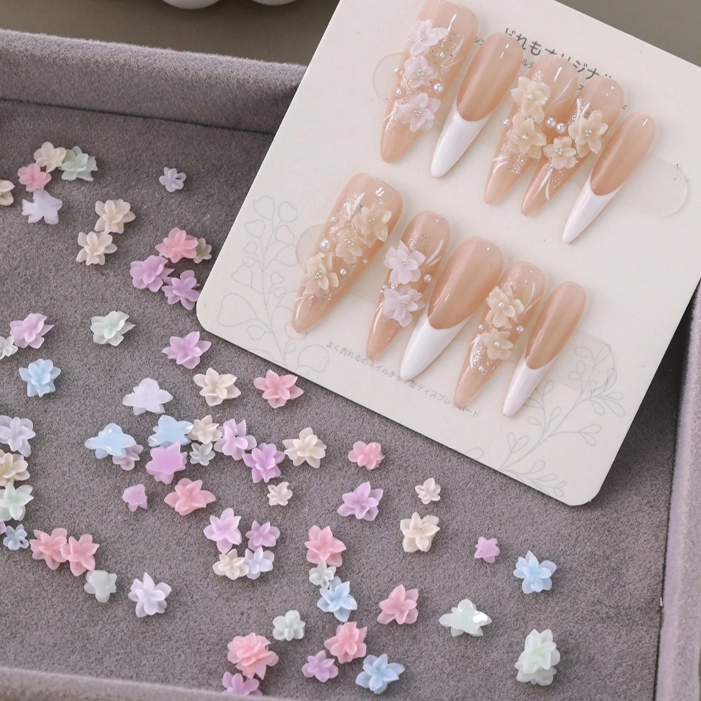 เรซิ่นผสมแกะสลักนูนลายดอกกุหลาบและดอกบัว 3 มิติ สีสันสดใส สำหรับตกแต่งเล็บ ทำเล็บมือ DIY อุปกรณ์เสริม