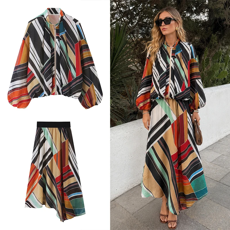 Guobioziy 2026 Autumn Women Geometric Print 2 Piece Outfit Lantern Sleeve Zip Cropped Jacket Irregular Midi Skirt Casual Suit