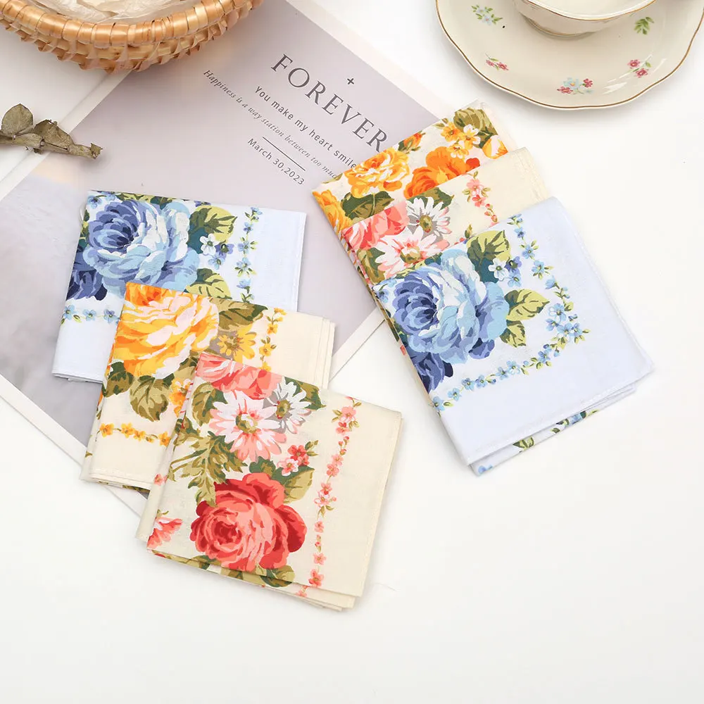 3/6/12 Pcs Cotton Printed Handkerchief Old-fashioned Nostalgic Thin Flower Absorbent Wipe Sweat Ladies Hand Towel 43cm