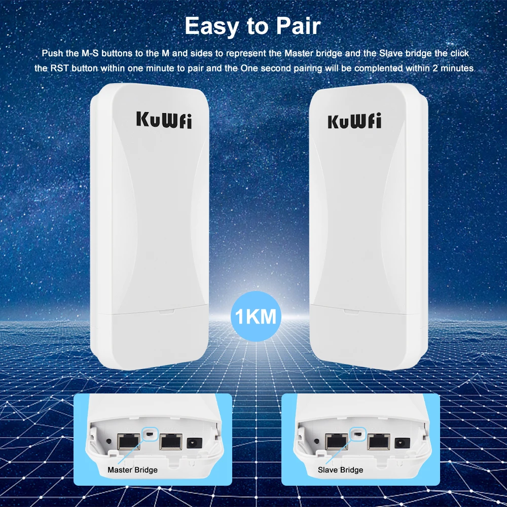 KuWfi-enrutador Wifi para exteriores, puente inalámbrico de 300Mbps, repetidor inalámbrico de 2,4G, extensor de punto a punto, 1KM con puerto WAN LAN