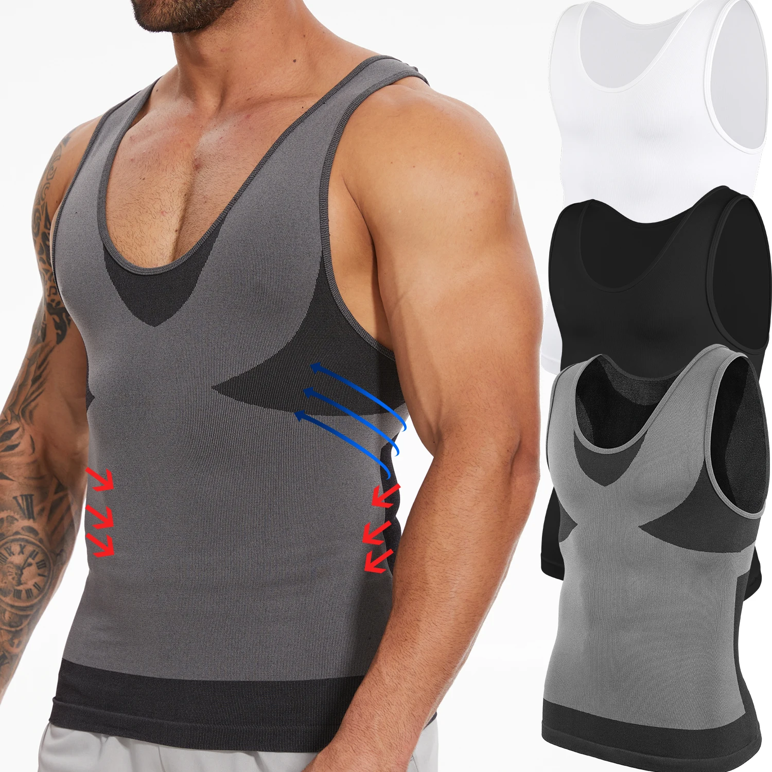 

New Men's Shapewear Slimming Body Shaper Horizontal Stripe Compression Band Tummy Control T-Shirt Cross Elastic Workout Top