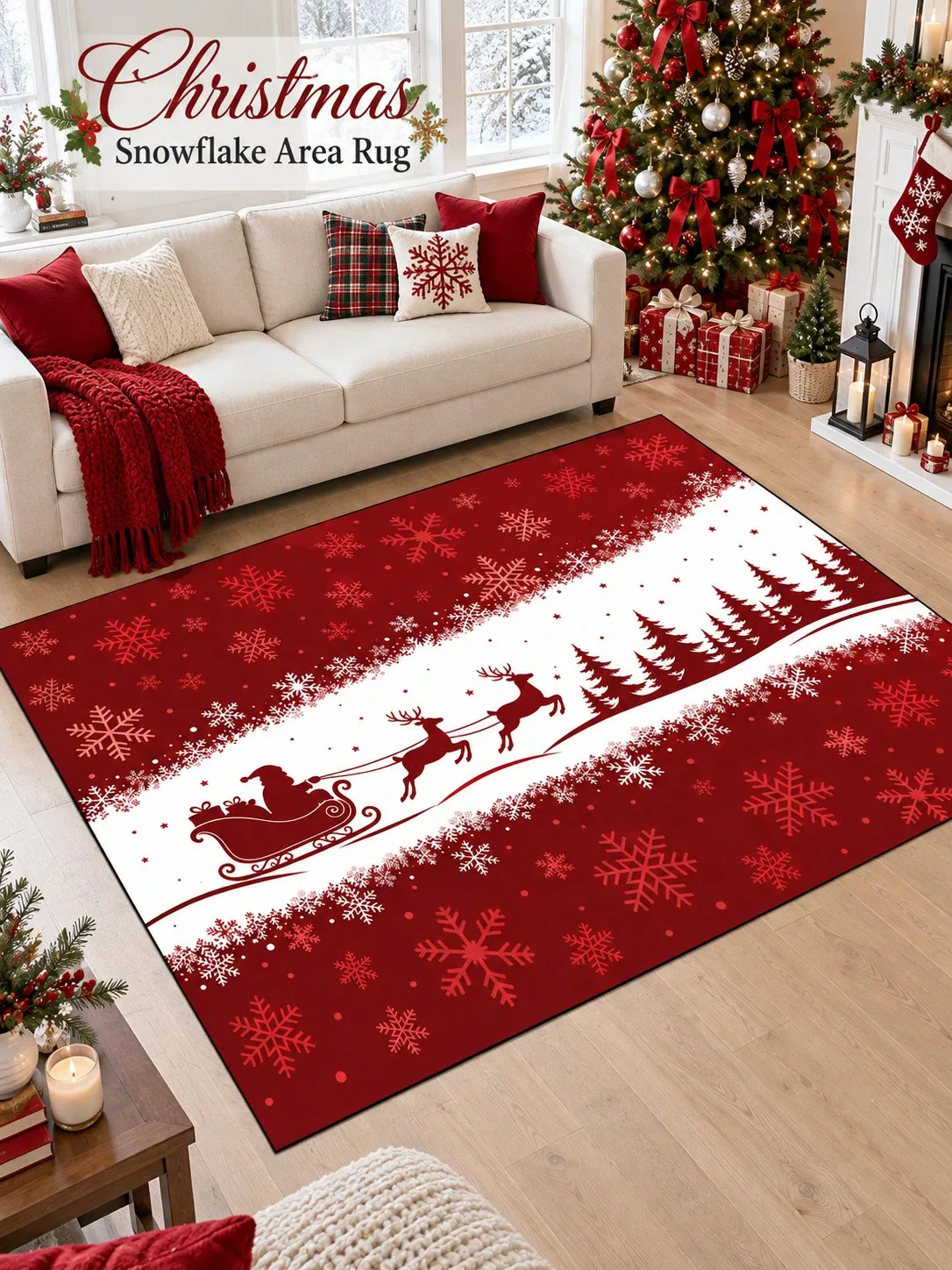 Christmas Rug Santa Sleigh Reindeer Snowflakes Floor Decor Carpet Living Room Bedroom Dining Area Entryway Apartment Cabin Winter Home Accent Beside Sofa Armchair Housewarming Birthday Gift for Family Friends Sisters Neighbors Holiday Celebrations