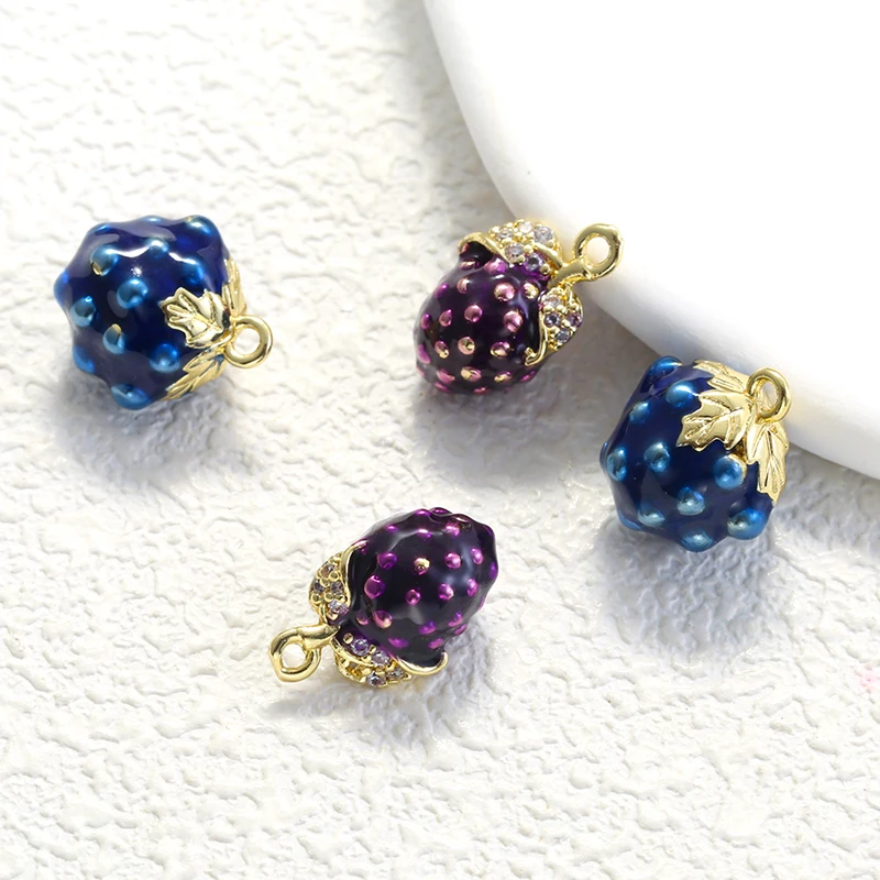 18K Gold Plated Enamel Raspberry and Blueberry Charms with CZ Crystal Inlaid Fruit Pendant for DIY Jewellery Making:VD2504 VD250