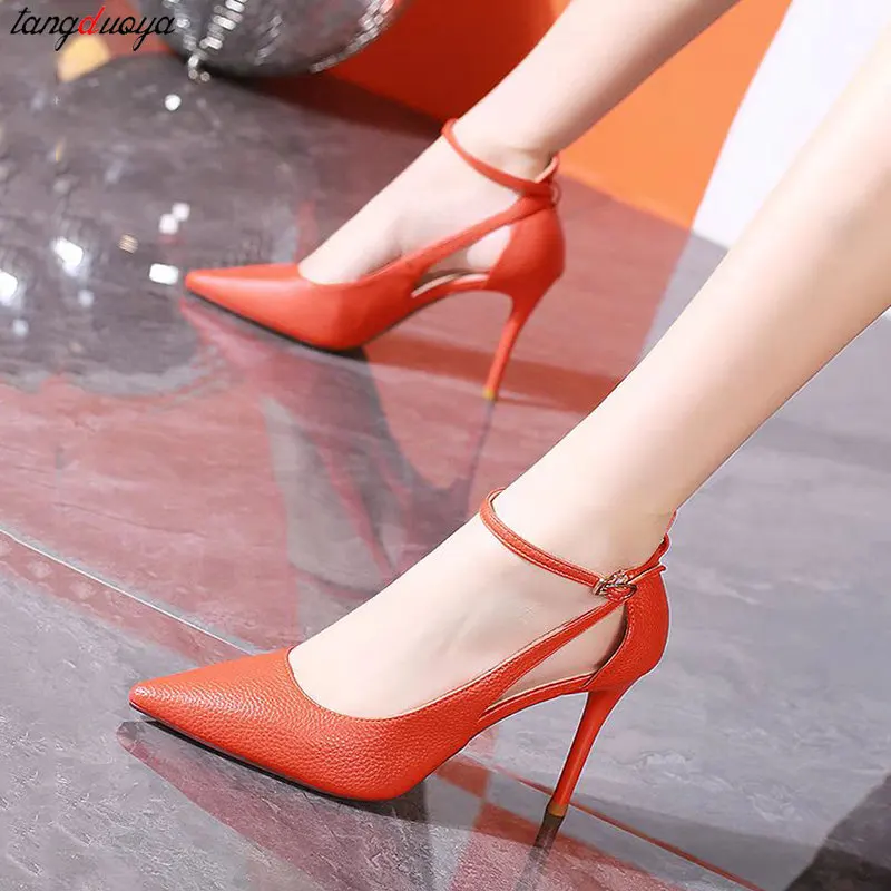 Orange high heels Women\'s Sexy pointed thin heeled high heels High quality Women Fashion Elegant Party Banquet pumps Size 36-42