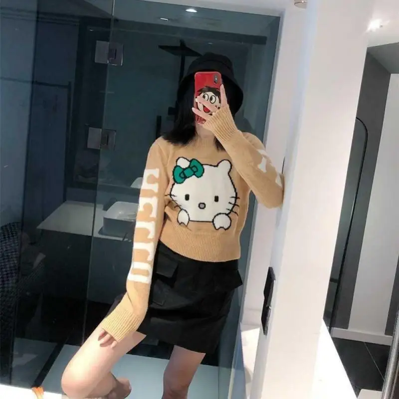 Sanrioed Hello Kitty Long Sleeve Knitwear Fashion Crop Tops Women Sweater Slim Fit Korean Cartoon All Match Round Neck Pullovers