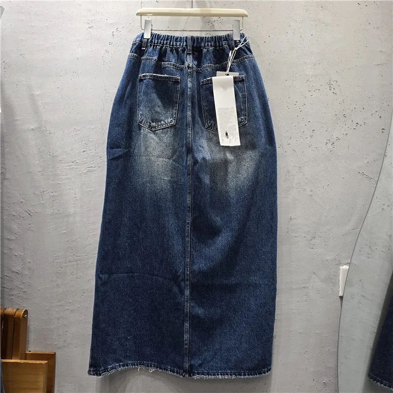 American Fashion 2026 New Autumn Irregular Patchwork Split Mid-length A-line Skirt Solid Color Vintage Elastic Waist Denim Skirt