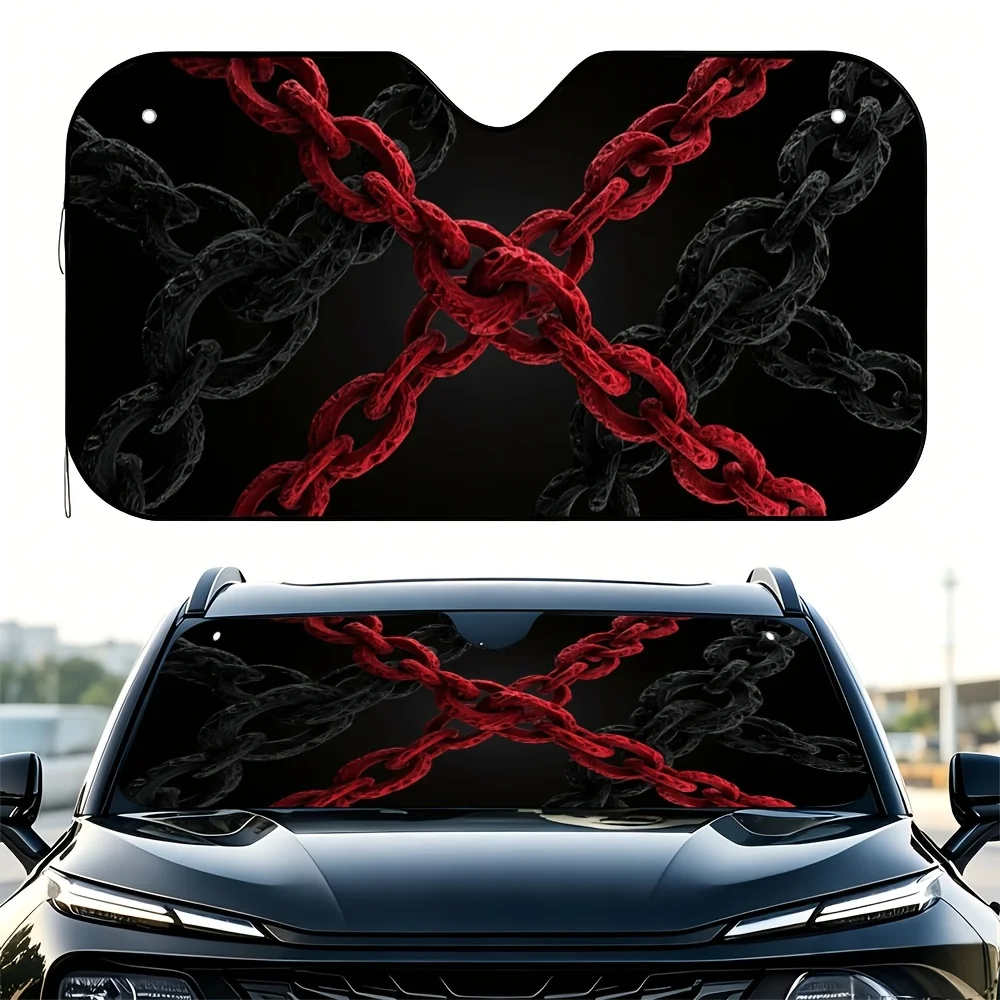 1pc, Red And Black Chain Tunnel Print Car Sun Visor, Foldable Sunshade For Front Dashboard, Easy Storage And Installation, Inter