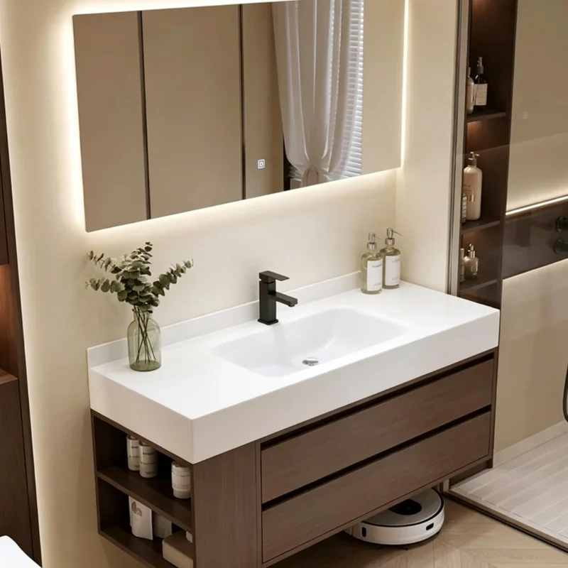 `Walnut Sintered Stone Vanity Hot Bending One-Piece Basin Bathroom Cabinet Hand Wash Face Sink Lavatory Counter Furniture