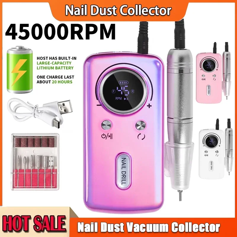

Электрическая дрель для ногтей, 45000 об/мин, портативная перезаряжаемая шлифовальная машинка для ногтей для гелевой полировки ногтей, домашний маникюрный салон