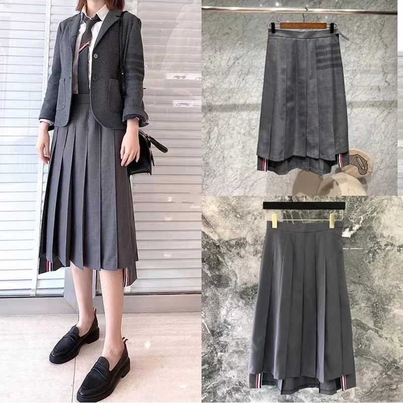 Brand TB Skirt Summer Preppy Style Classic Striped Long Pleated Skirts Women Korean Fashion White Four Bars Mid Length faldas