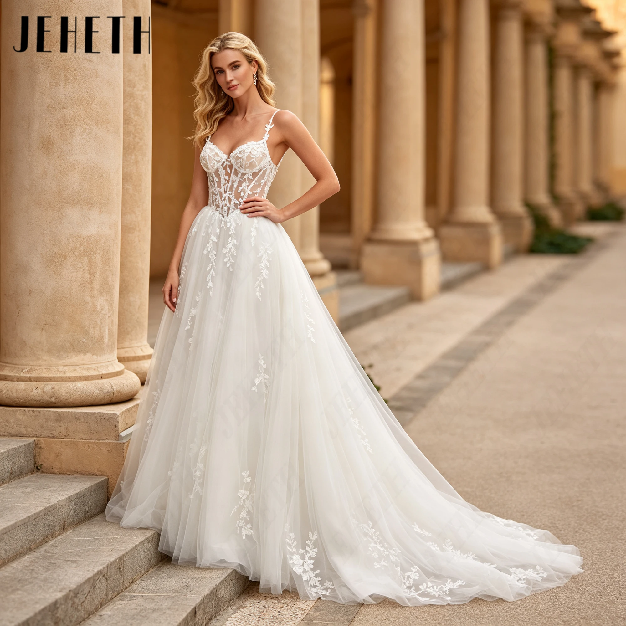 JEHETH Sweetheart Neck Tulle Personalized Bohemian Wedding Dress A-Line Lace Applique Luxurious Bridal Gowns Court Train Basque