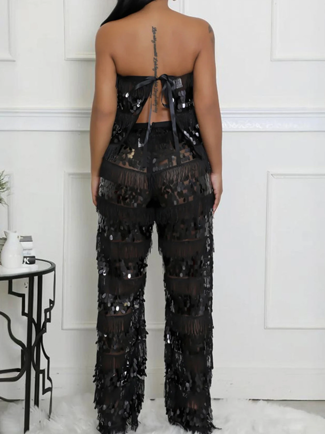 Sexy see through sequin jumpsuit women pants sets summer black backless romper jumpsuit woman elegant party jumpsuits outfits HL