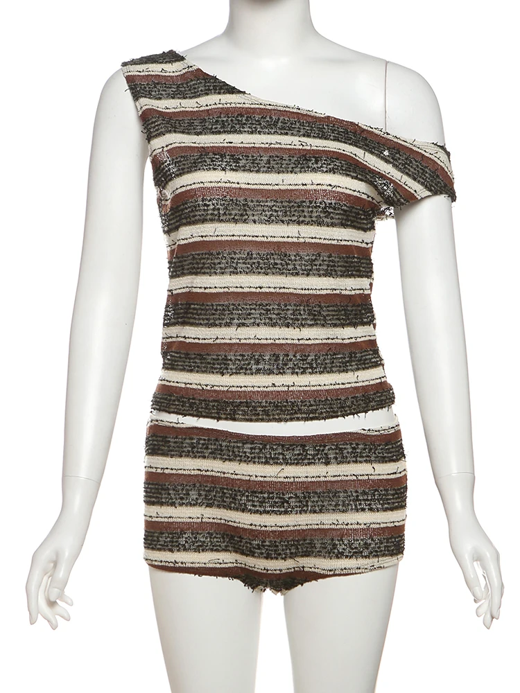 

Nibber Fashion Stripe Women Casual 2 Piece Set Tracksuit Skew Collar Crop Tops+Shorts Matching Streetwear Stretch Skinny Suit