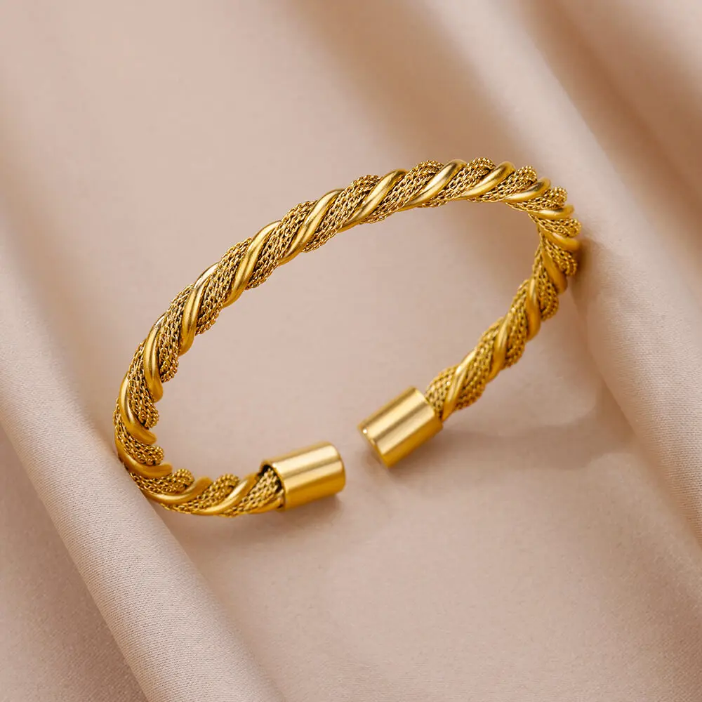 Fashion Round Rope Weave Bangle for Women Men Open Gold Color Stainless Steel Cuff Bracelet Femme  Punk Jewlery Accessories