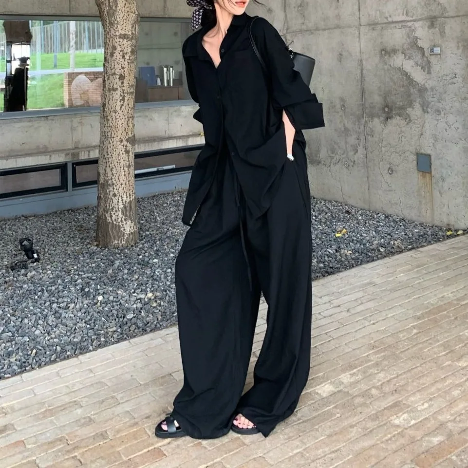 Temperament White Long Shirt Top Slack Suit Women's Summer Fashion Casual Cardigan Blouse Wide-leg Pants Two-piece Set Black