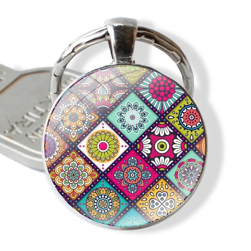 Cartoon Design Fashion Creative Keychain Handmade Glass Cabochon Key Ring Holder Pendant Key Chains COLORFUL MANDALA art