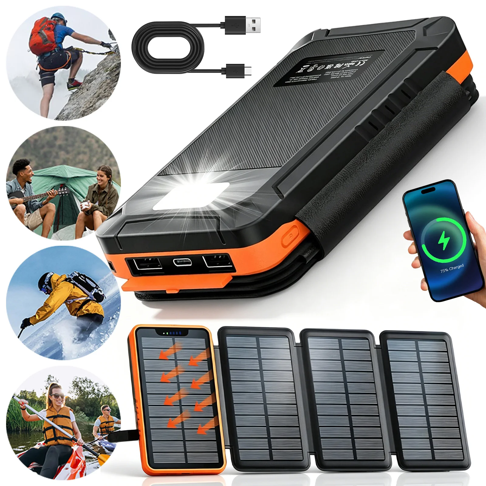 Cargador de teléfono móvil portátil con energía solar para exteriores de 16000 mAh, accesorio portátil para teléfono móvil con energía solar, fuente de alimentación externa para teléfono móvil para acampar, adecuado para actividades al aire libre.
