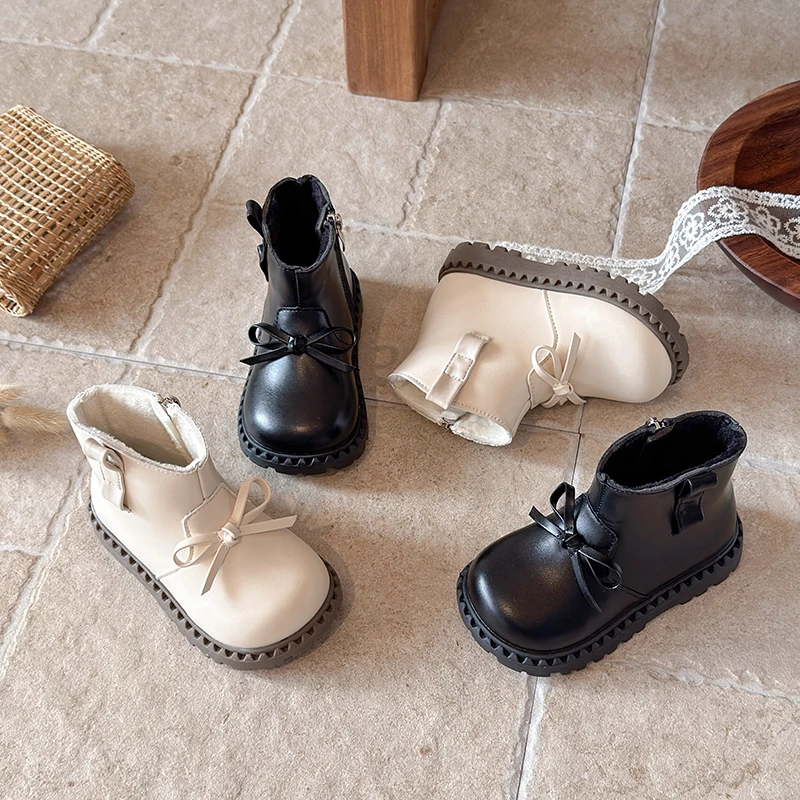 Girls Sweet Lace Ruffle Ankle Boots, Bow Decor Side‑Zipper Round Toe Non‑Slip Thick Sole Princess Short Boots for Kids