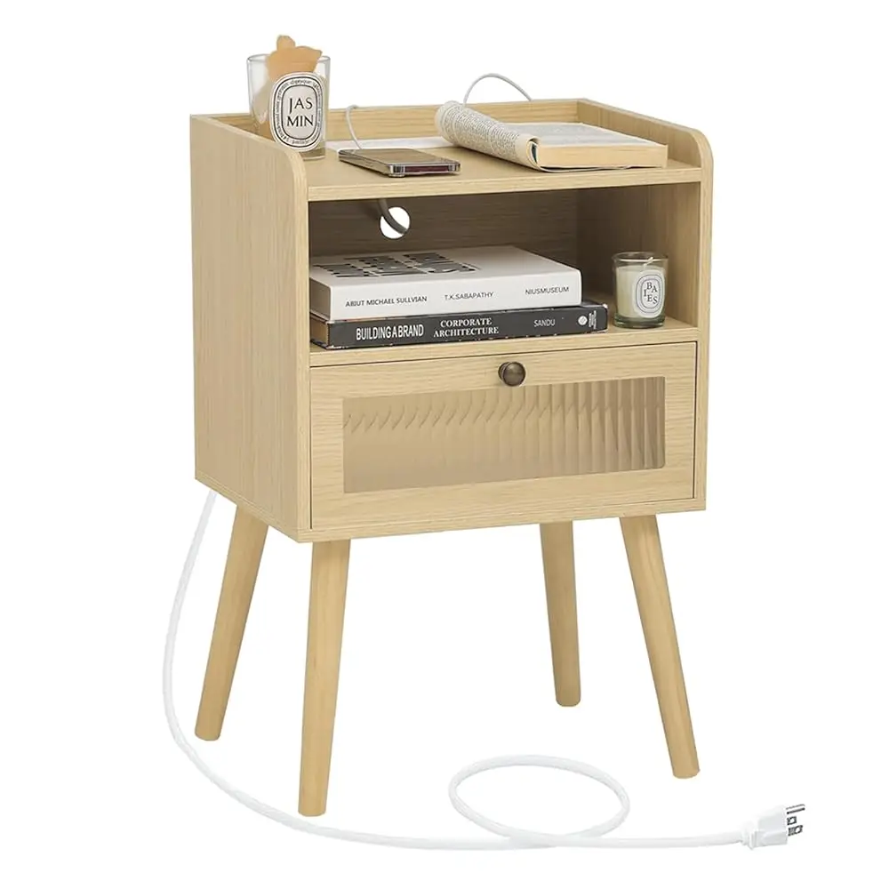 

Nightstand With Charging Station, Modern Bedside Table With Glass Decorative Drawer, Small End Table Side Table With 2 Tiers