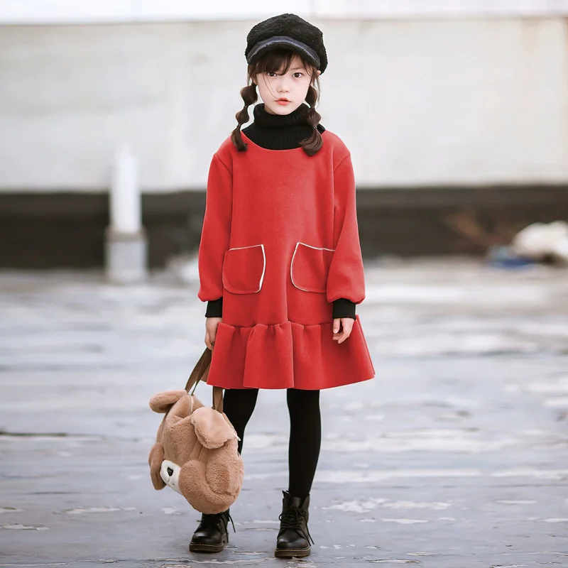 

Autumn School Girl Dress Children Girl High Collar Contrast Color Straight Dress Junior Girl 2 Pocket Thicken One-piece Dress
