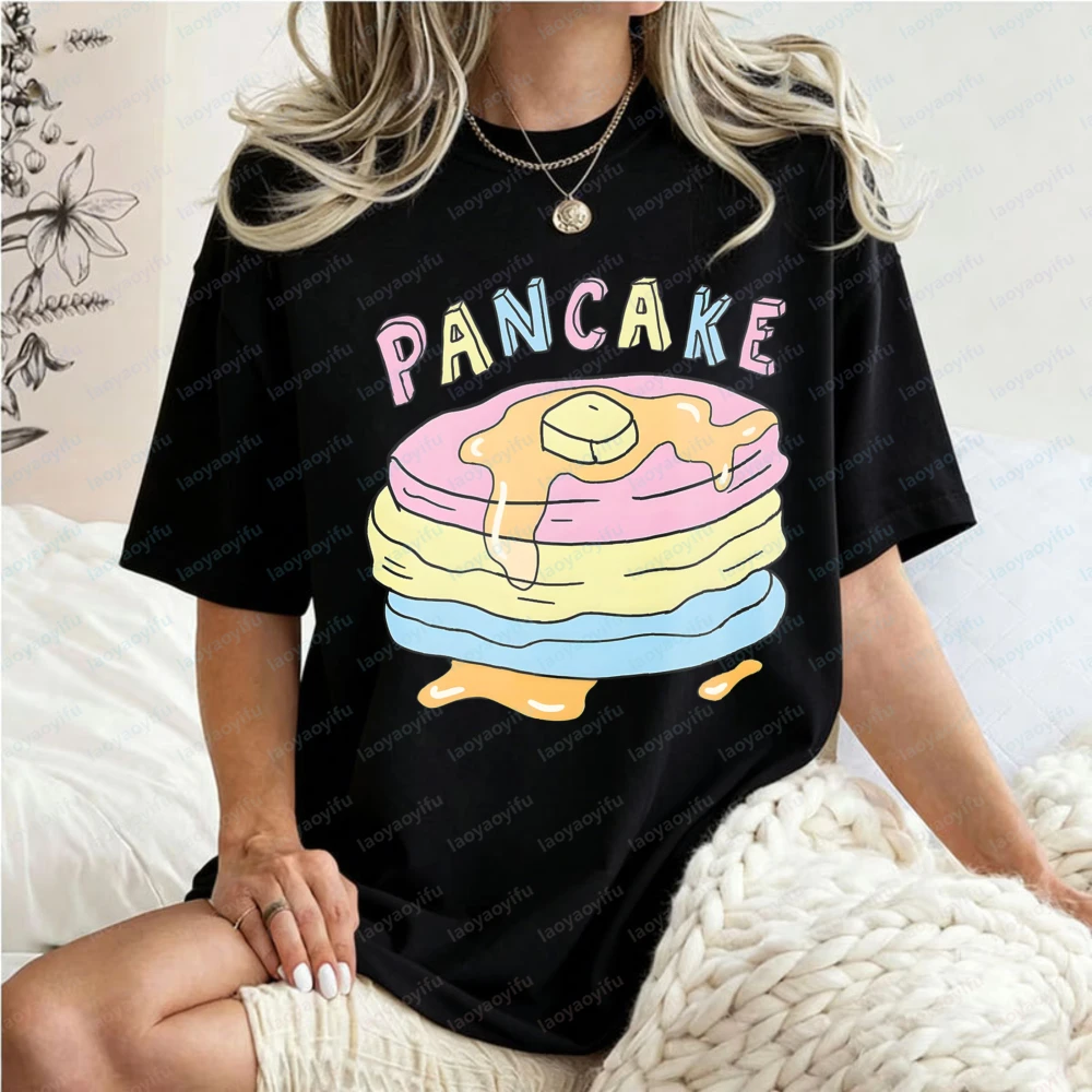 Cute-and-Colorful-Cartoon-Style-Women's-T-Shirt-Pancake-with-Syrup-Butter-Cotton-Casual-Wear-Food-Lovers-Trendy-Fashion-Tees