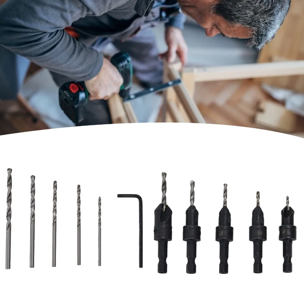 11pcs Depth Adjustable Countersink Drill Bit Set 1/4 Inch Hex Shank Quick Change Pilot Drill Bit Set Allen Wrench Included
