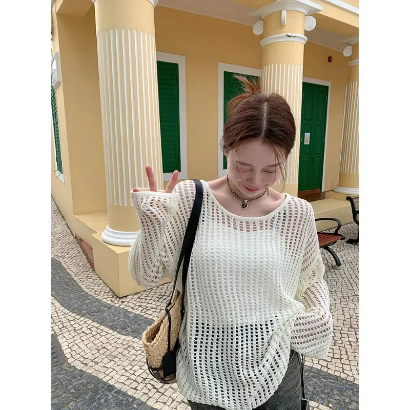 

Lazy Style Hollow Out Knitted Sweater Tops Summer New Long Sleeve Solid Color Loose Thin Pullovers Fashion Casual Women Clothing