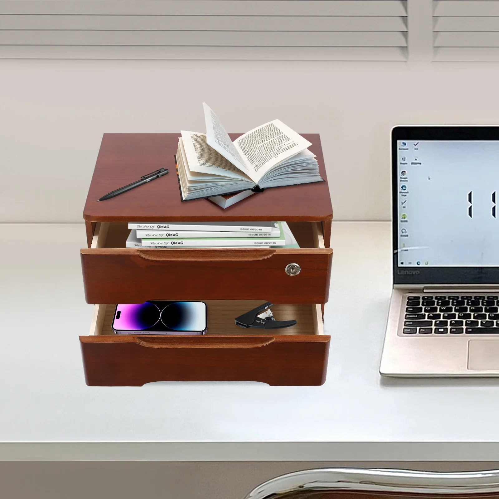 

2-Layer Locked Cabinet One Lock Head - Walnut For Home Living Room To Store