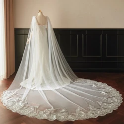 Appliques Long Tulle Wedding Dress Shawl Veil Long Prom Party Wrap Bolero Cape Bridal Wrap Wedding Accessories velo de novias