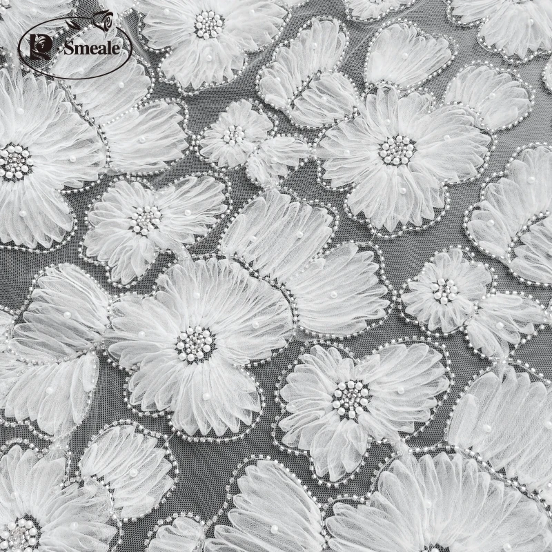 Besticktes Spitzens toff für Kinder bekleidung, 3D-Mesh-Blumen, Silber perle, Perlen-Hochzeits kleid, Spitzen band, RS5036, 3 Farben – Detail 10