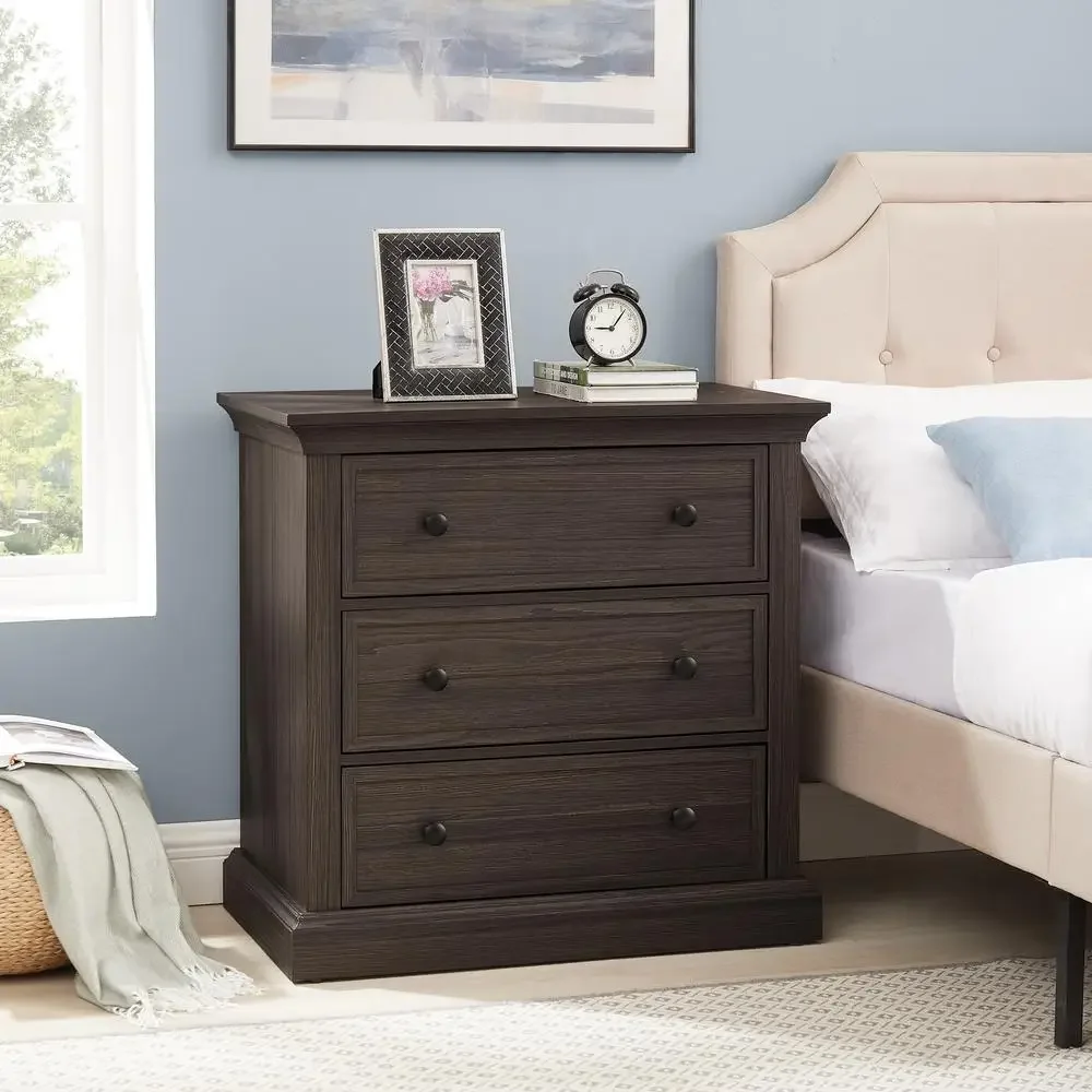 Nightstand 3-Drawer Bedside Storage Organizer Bedroom Furnishings Hardware Included Smooth Glides Lightweight Portable Tobacco