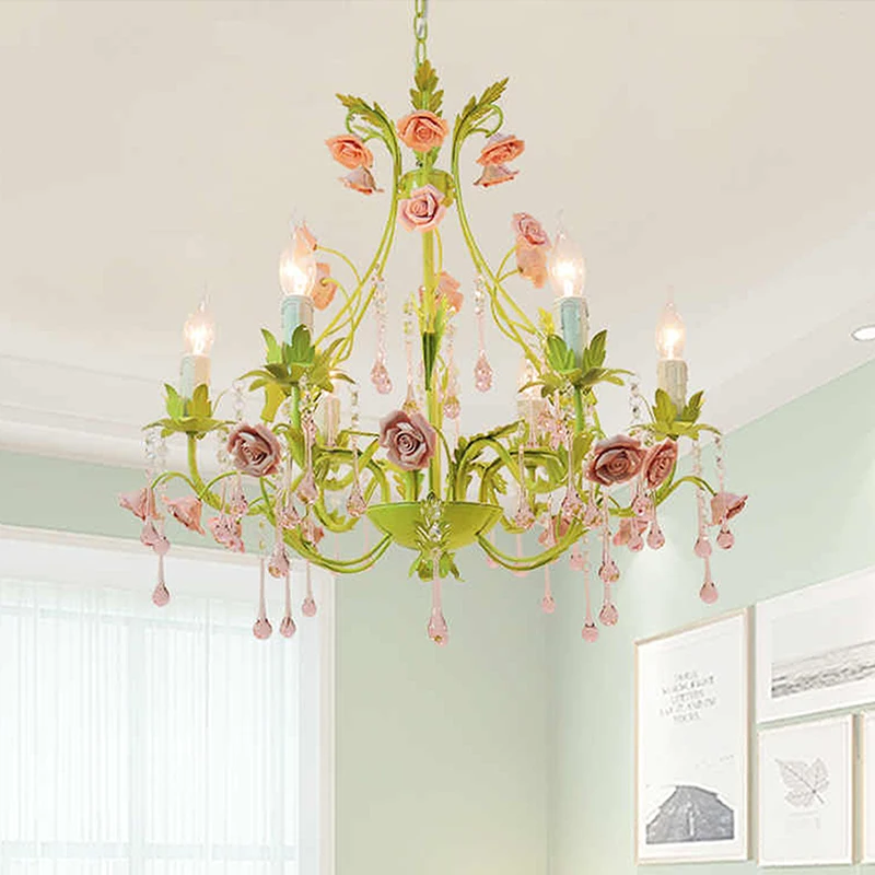 Green Country-Style Home Decoration Commercial Flower Shop Chandelier French Ceramic Rose Dining Room Bedroom Led Crystal Lamps