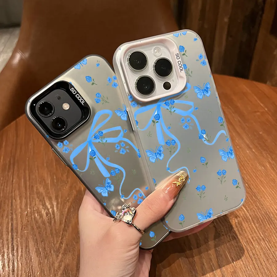 青い花柄のリボン付きiPhone 17～11 Pro Max Plus用スマホケース