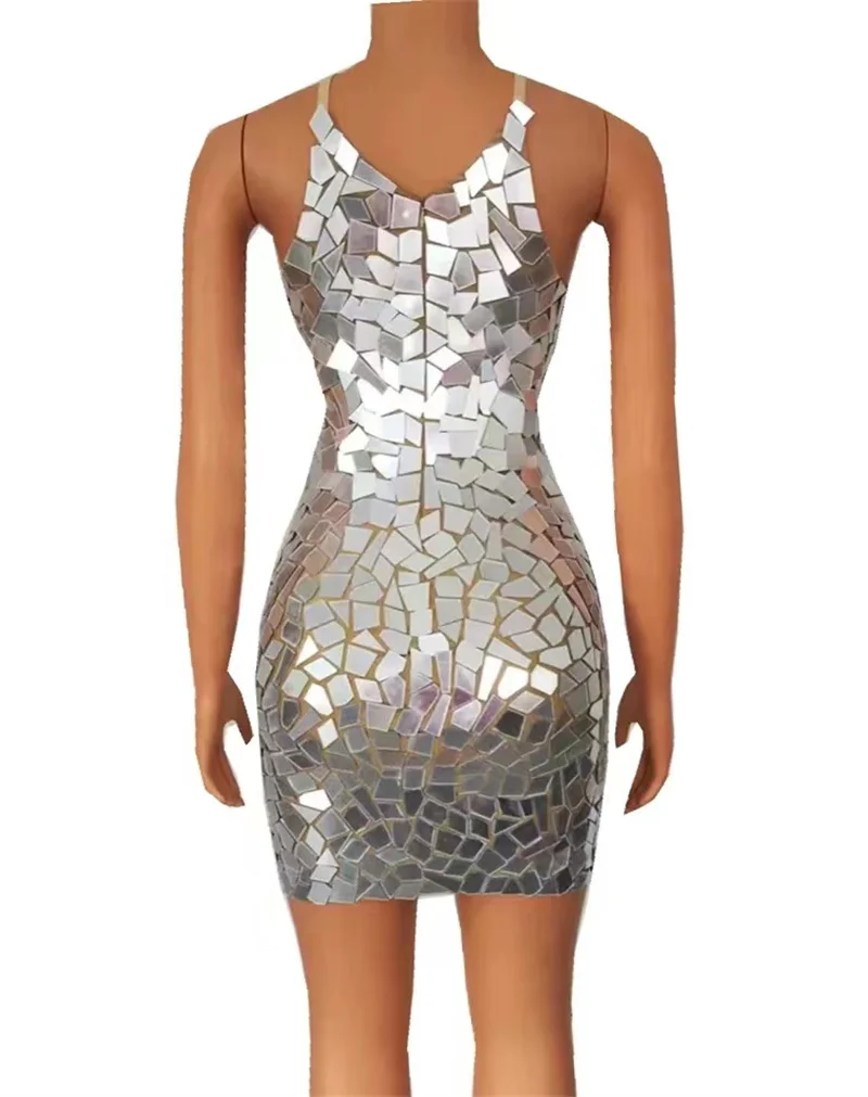 Sparkly Silver Mirrors Sleeveless DressEvening Birthday Celebrate Outfit Party SexyCostume Dancer Performance Show Clothes