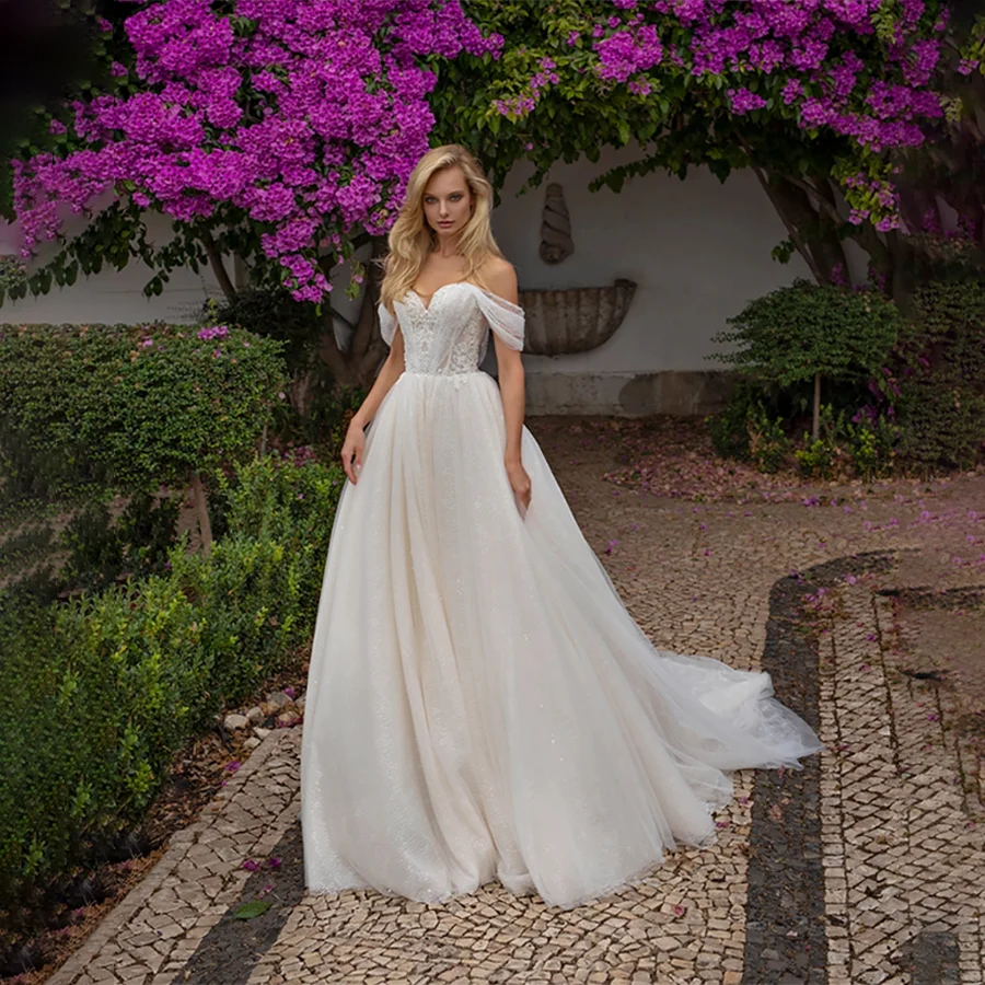 

Off- Shoulder Sweetheart Cap Sleeve Tull Wedding Gowns A-Line Backless Lace Up Custom Made Prom Dresses