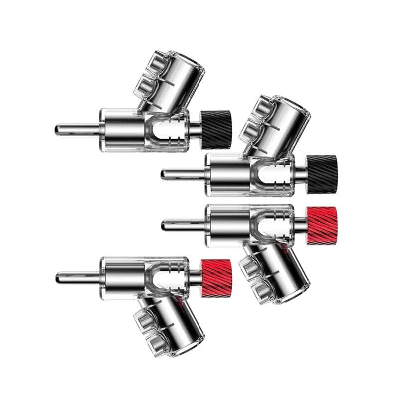45-градусные штекеры типа «банан» с двойным винтом, фиксирующий динамик, двойной винтовой фиксатор, прямоугольный штекер типа «банан» с родиевым покрытием