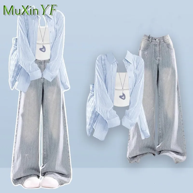 2026 Summer New Korean Elegant Denim Pants Matching Set Women's Fashion Sunscreen Shirt+Strap+Loose Wide Leg Jeans 3-Piece Suit