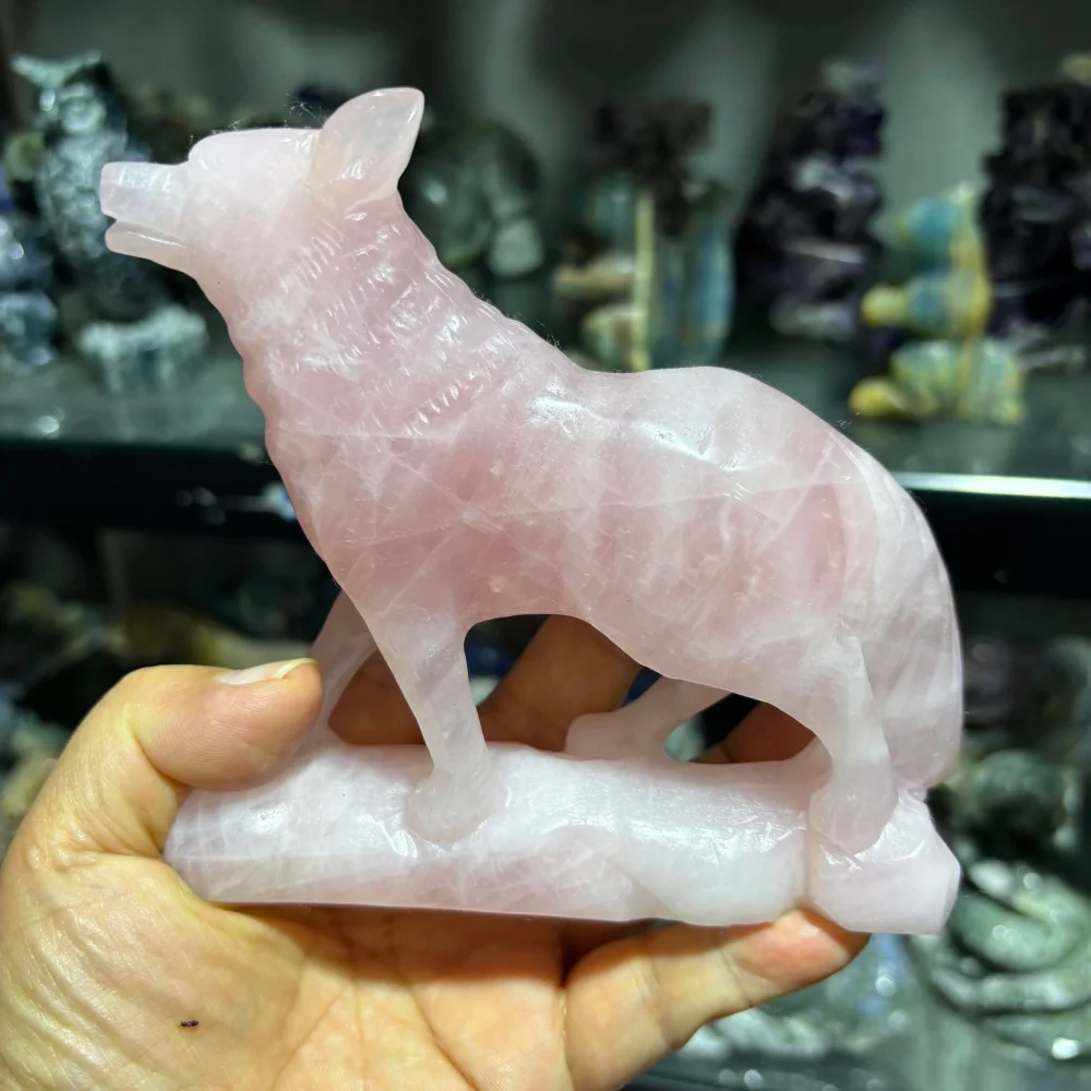 1PC Natural Rose Quartz Wolf Carving Polished Crystal Figurine Healing Energy Home Decor Animal Craft Gift